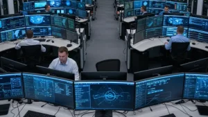 Centro de operações monitorando rede IP de alta capacidade para transporte de dados corporativos